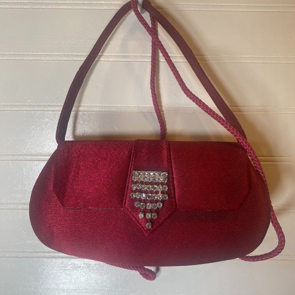 Lovely Burgundy Satin Evening Bag with Rhinestone Accent at Front Clasp